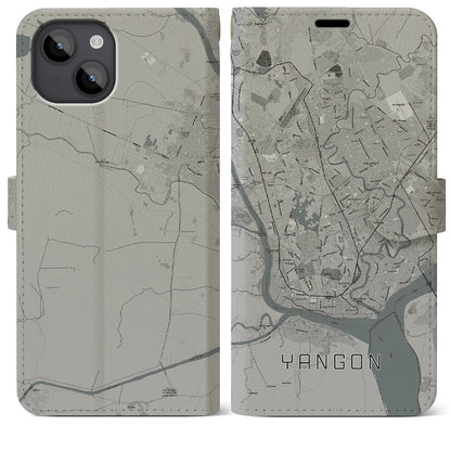 【ヤンゴン（ミャンマー）】地図柄iPhoneケース（手帳タイプ）モノトーン・iPhone 14 Plus 用