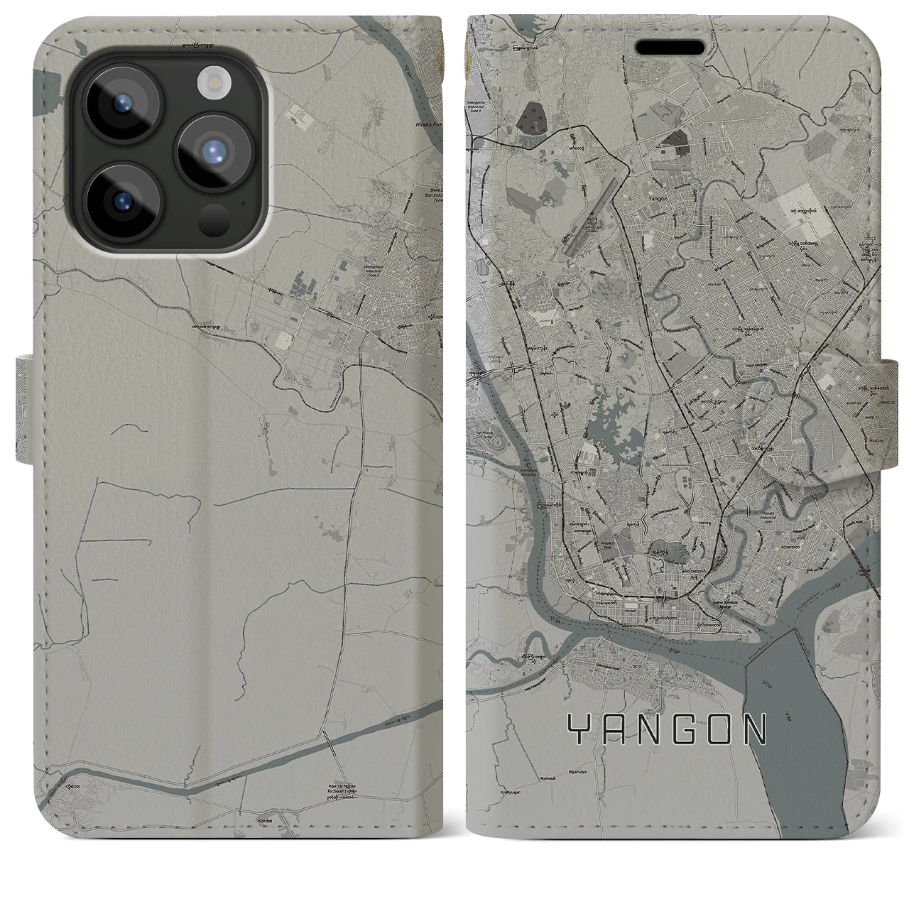 【ヤンゴン】地図柄iPhoneケース（手帳両面タイプ・モノトーン）iPhone 15 Pro Max 用