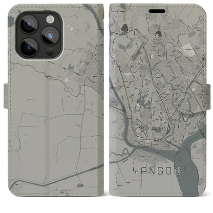 【ヤンゴン（ミャンマー）】地図柄iPhoneケース（手帳タイプ）モノトーン・iPhone 15 Pro Max 用