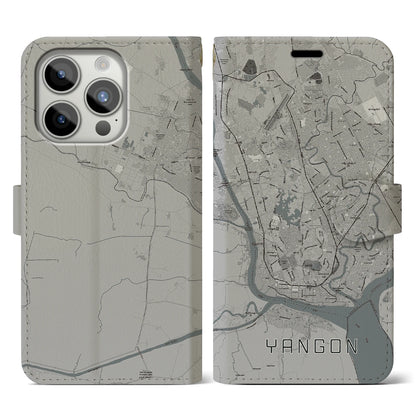 【ヤンゴン（ミャンマー）】地図柄iPhoneケース（手帳タイプ）モノトーン・iPhone 15 Pro 用