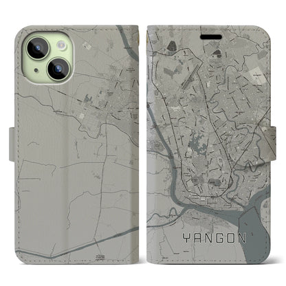 【ヤンゴン（ミャンマー）】地図柄iPhoneケース（手帳タイプ）モノトーン・iPhone 15 用