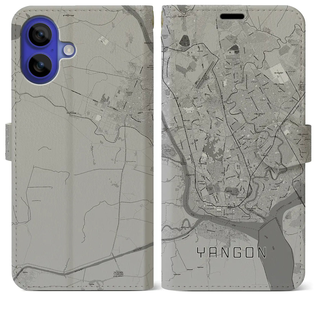 【ヤンゴン(ミャンマー)】地図柄iPhoneケース(手帳タイプ)モノトーン・iPhone 16 Pro Max 用