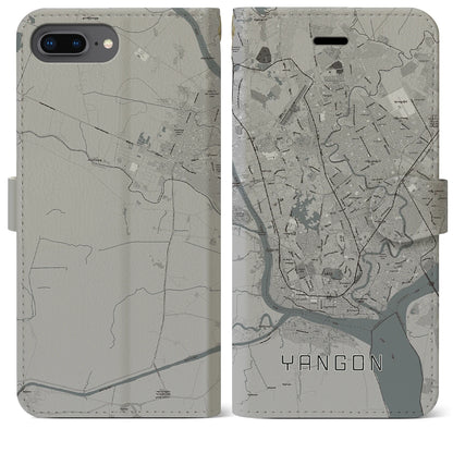 【ヤンゴン（ミャンマー）】地図柄iPhoneケース（手帳タイプ）モノトーン・iPhone 8Plus /7Plus / 6sPlus / 6Plus 用