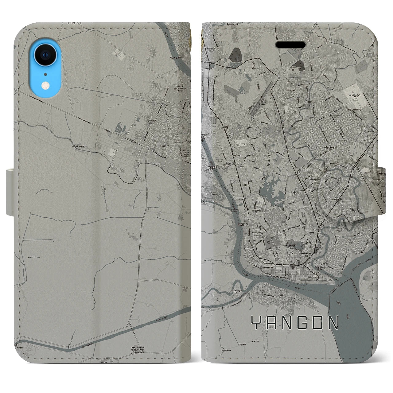 【ヤンゴン】地図柄iPhoneケース（手帳両面タイプ・モノトーン）iPhone XR 用
