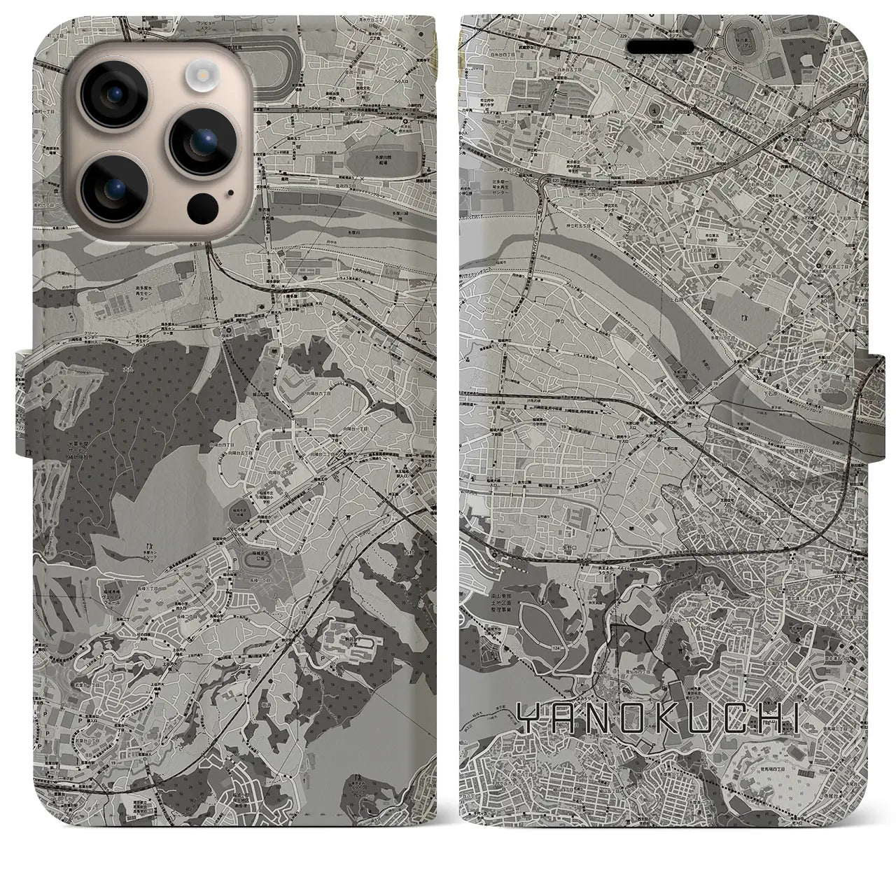 【矢野口（東京都）】地図柄iPhoneケース（手帳タイプ）モノトーン・iPhone 16 Plus 用