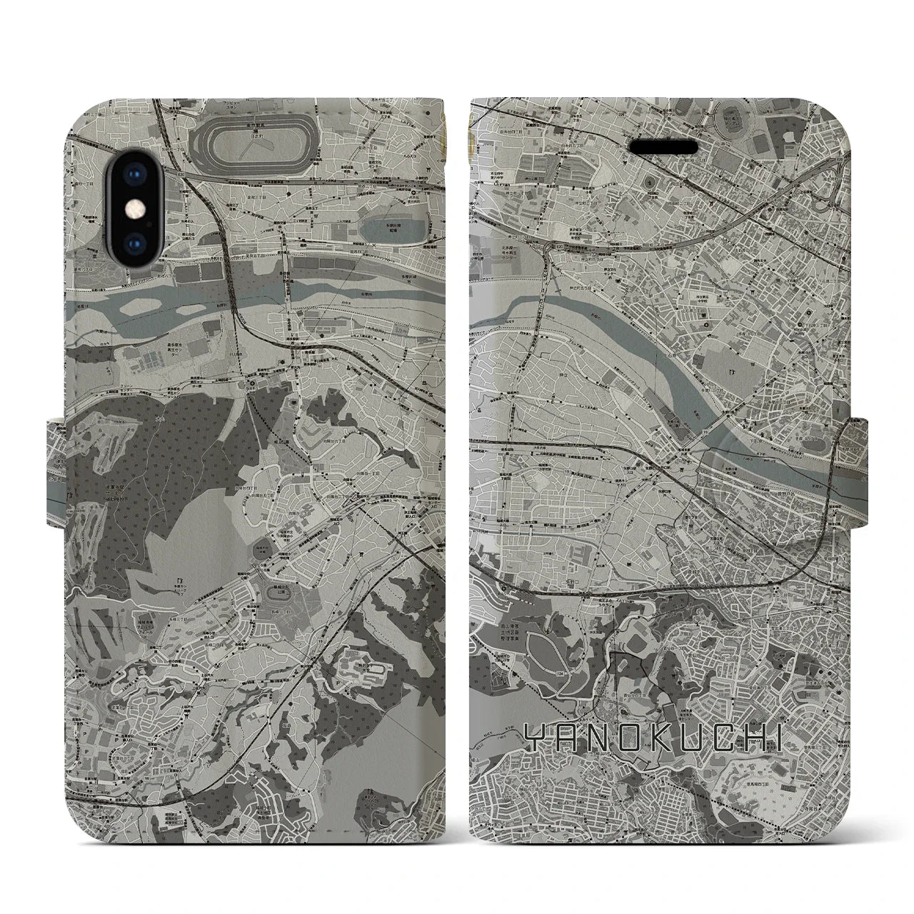 【矢野口（東京都）】地図柄iPhoneケース（手帳タイプ）モノトーン・iPhone XS / X 用