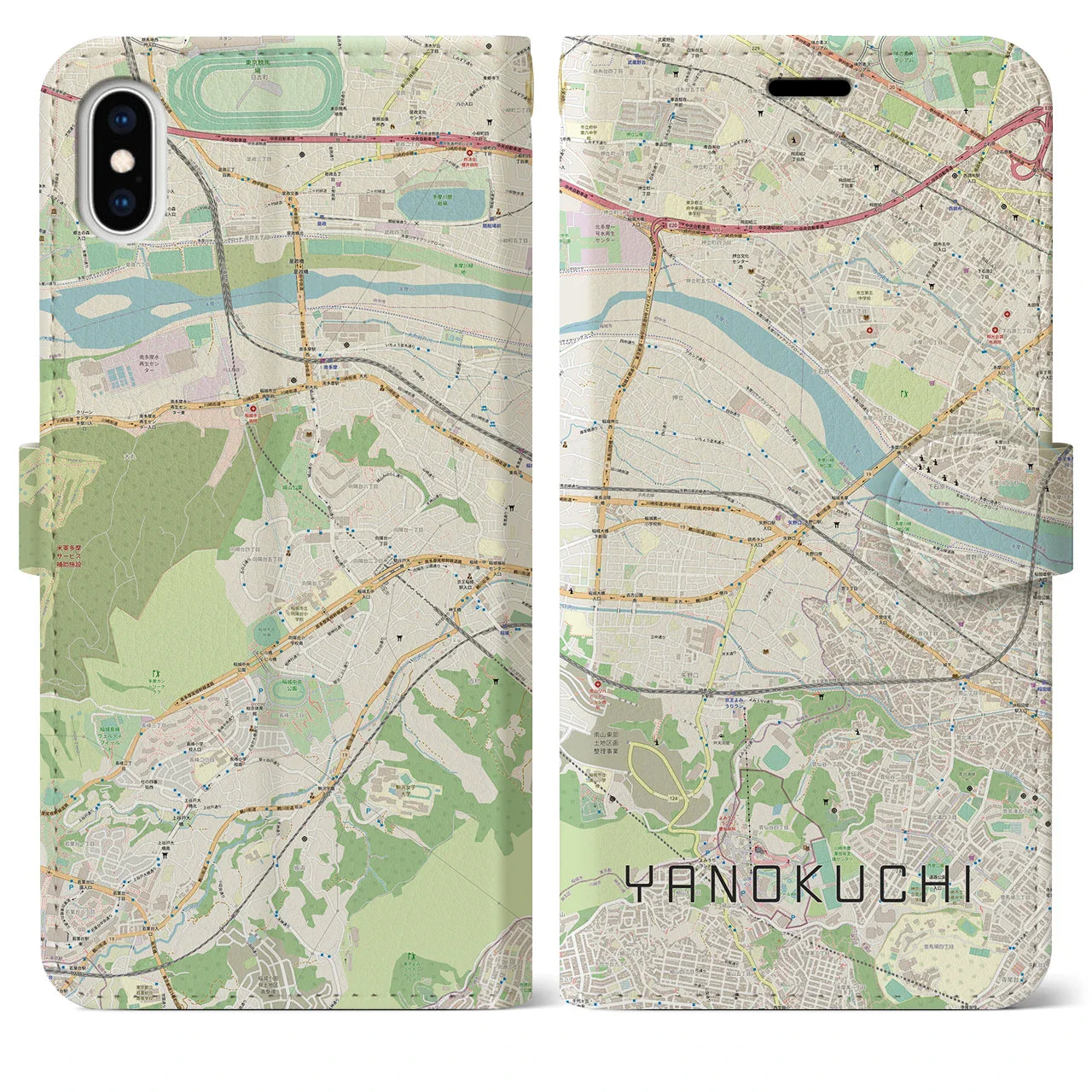 【矢野口（東京都）】地図柄iPhoneケース（手帳タイプ）ナチュラル・iPhone XS Max 用