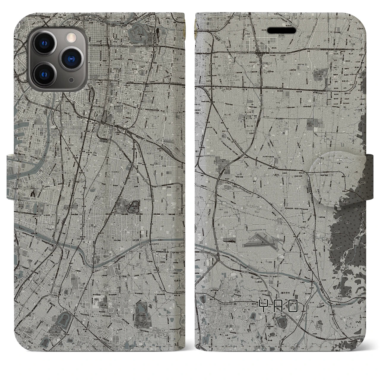 【八尾】地図柄iPhoneケース（手帳両面タイプ・モノトーン）iPhone 11 Pro Max 用