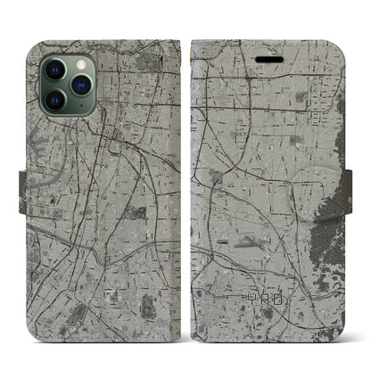 【八尾（大阪府）】地図柄iPhoneケース（手帳タイプ）モノトーン・iPhone 11 Pro 用