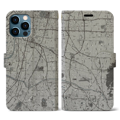 【八尾（大阪府）】地図柄iPhoneケース（手帳タイプ）モノトーン・iPhone 12 / 12 Pro 用