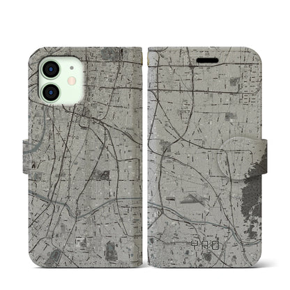 【八尾（大阪府）】地図柄iPhoneケース（手帳タイプ）モノトーン・iPhone 12 mini 用