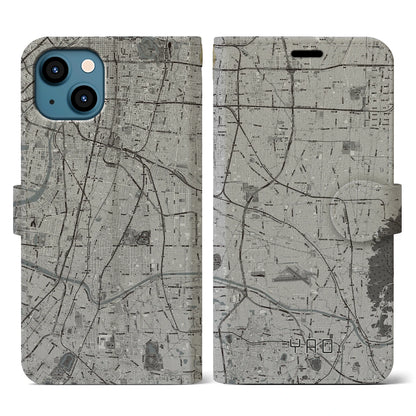 【八尾（大阪府）】地図柄iPhoneケース（手帳タイプ）モノトーン・iPhone 13 用