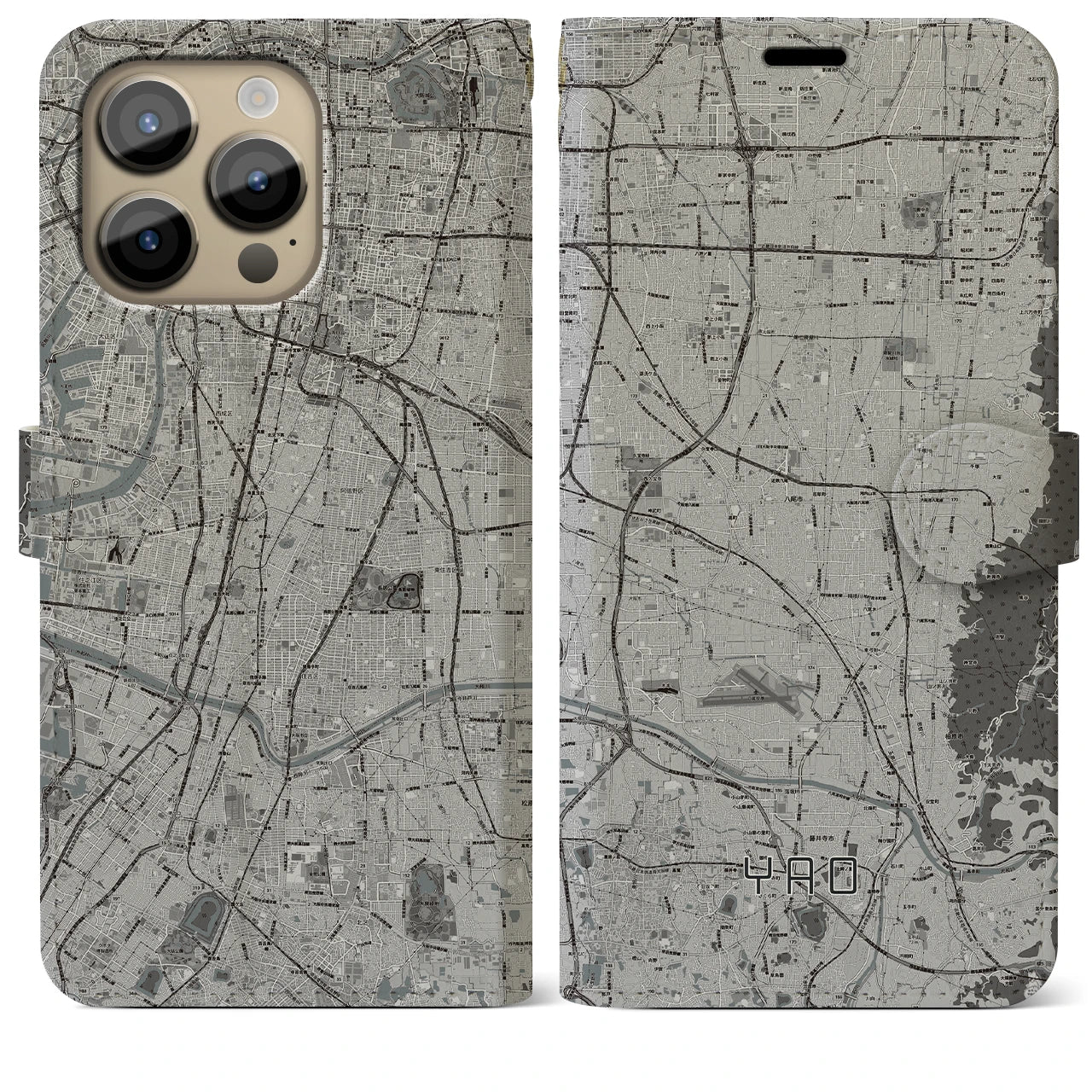 【八尾】地図柄iPhoneケース（手帳両面タイプ・モノトーン）iPhone 14 Pro Max 用