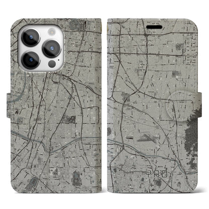 【八尾（大阪府）】地図柄iPhoneケース（手帳タイプ）モノトーン・iPhone 14 Pro 用