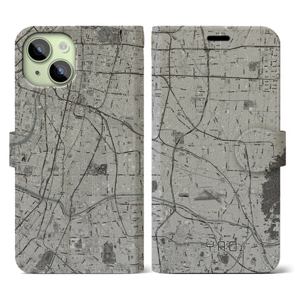 【八尾（大阪府）】地図柄iPhoneケース（手帳タイプ）モノトーン・iPhone 15 用