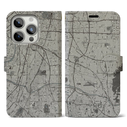 【八尾（大阪府）】地図柄iPhoneケース（手帳タイプ）モノトーン・iPhone 15 Pro 用