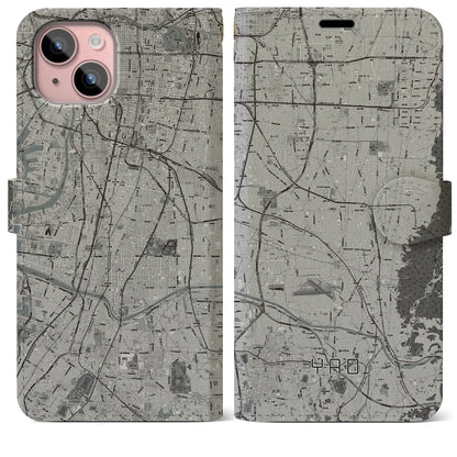 【八尾（大阪府）】地図柄iPhoneケース（手帳タイプ）モノトーン・iPhone 15 Plus 用