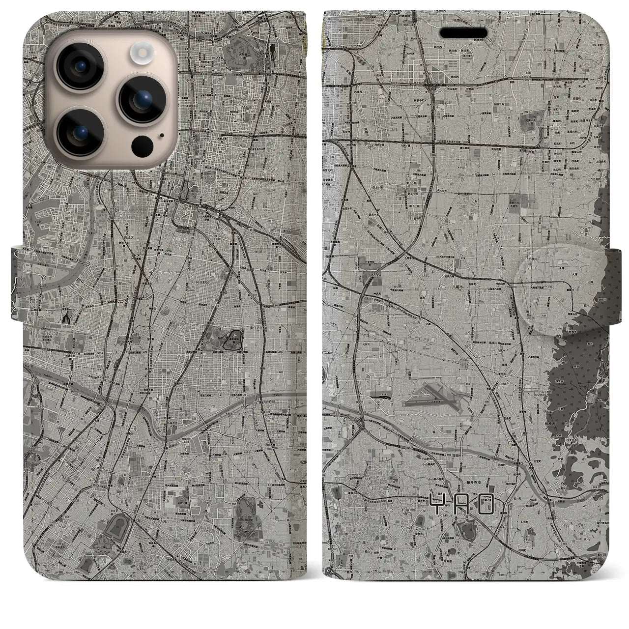 【八尾（大阪府）】地図柄iPhoneケース（手帳タイプ）モノトーン・iPhone 16 Plus 用