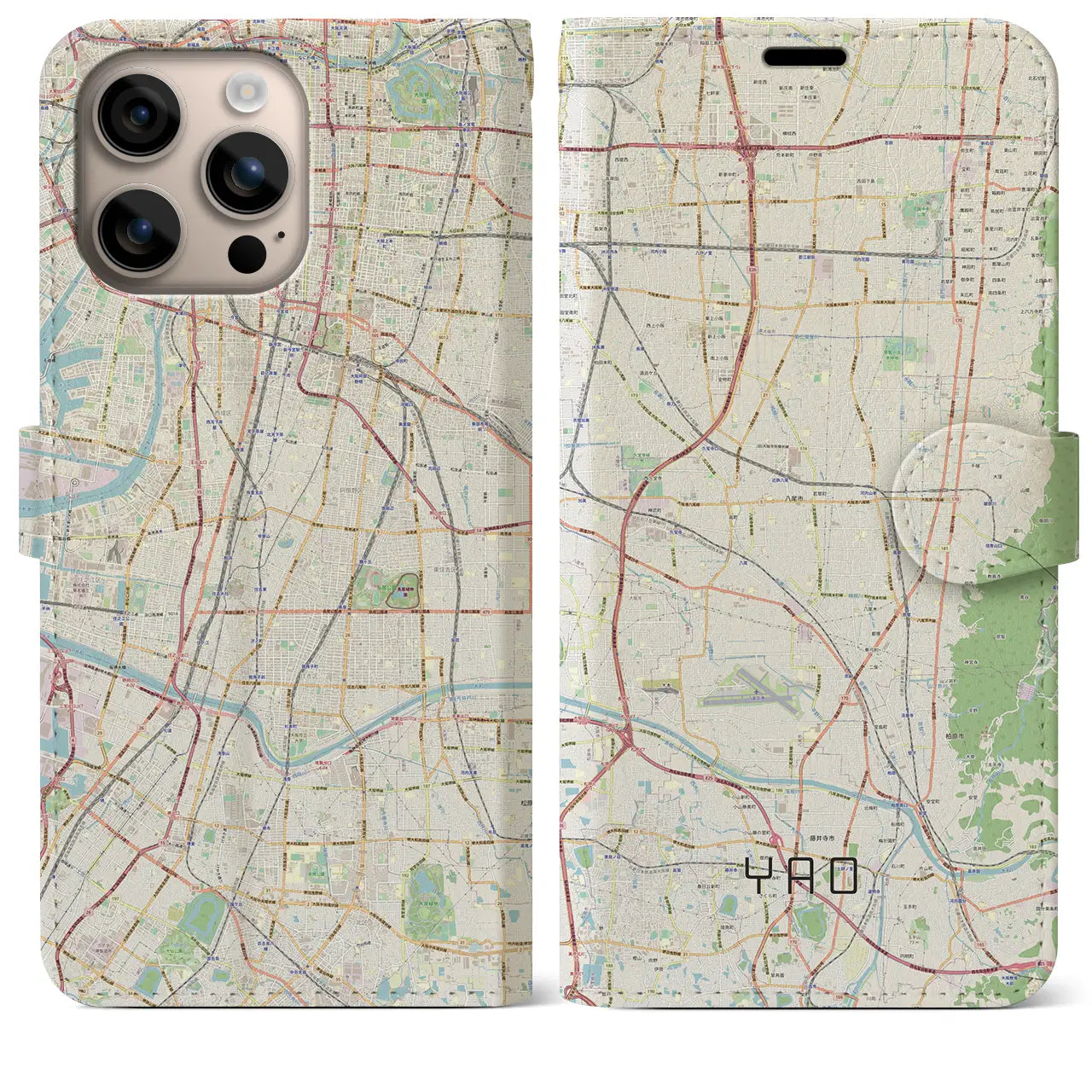 【八尾（大阪府）】地図柄iPhoneケース（手帳タイプ）ナチュラル・iPhone 16 Plus 用