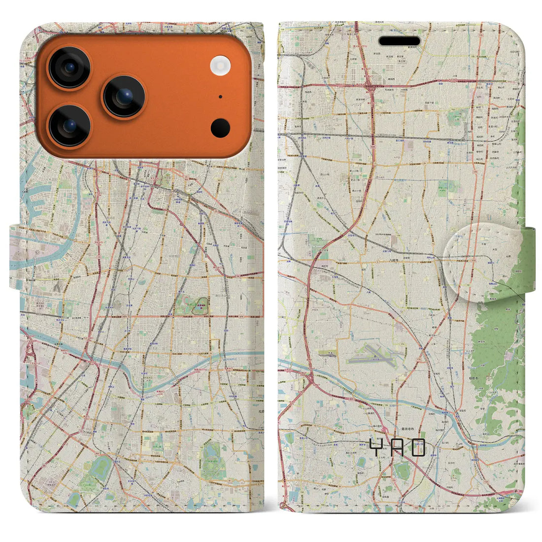 【八尾（大阪府）】地図柄iPhoneケース（手帳タイプ）ナチュラル・iPhone 17 Pro Max 用