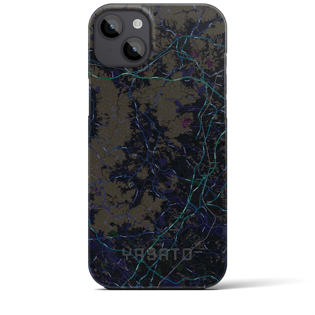 【八郷（茨城県）】地図柄iPhoneケース（バックカバータイプ）ブラック・iPhone 14 Plus 用