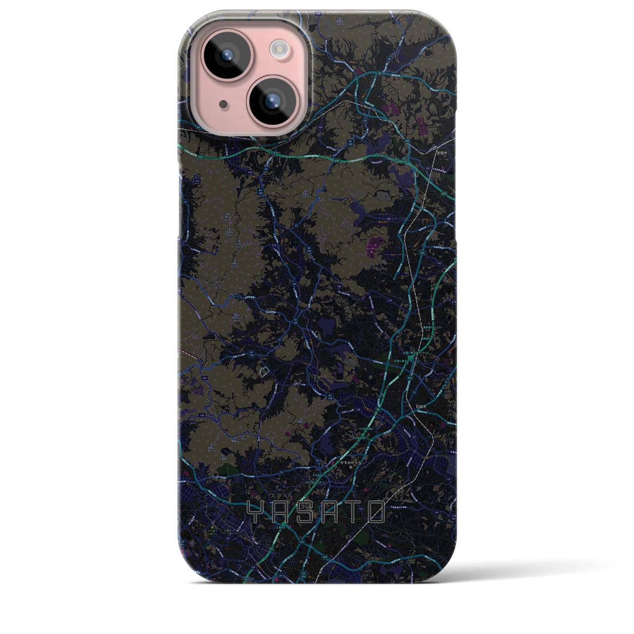 【八郷（茨城県）】地図柄iPhoneケース（バックカバータイプ）ブラック・iPhone 15 Plus 用