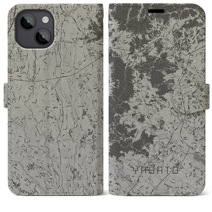 【八郷（茨城県）】地図柄iPhoneケース（手帳タイプ）モノトーン・iPhone 14 Plus 用