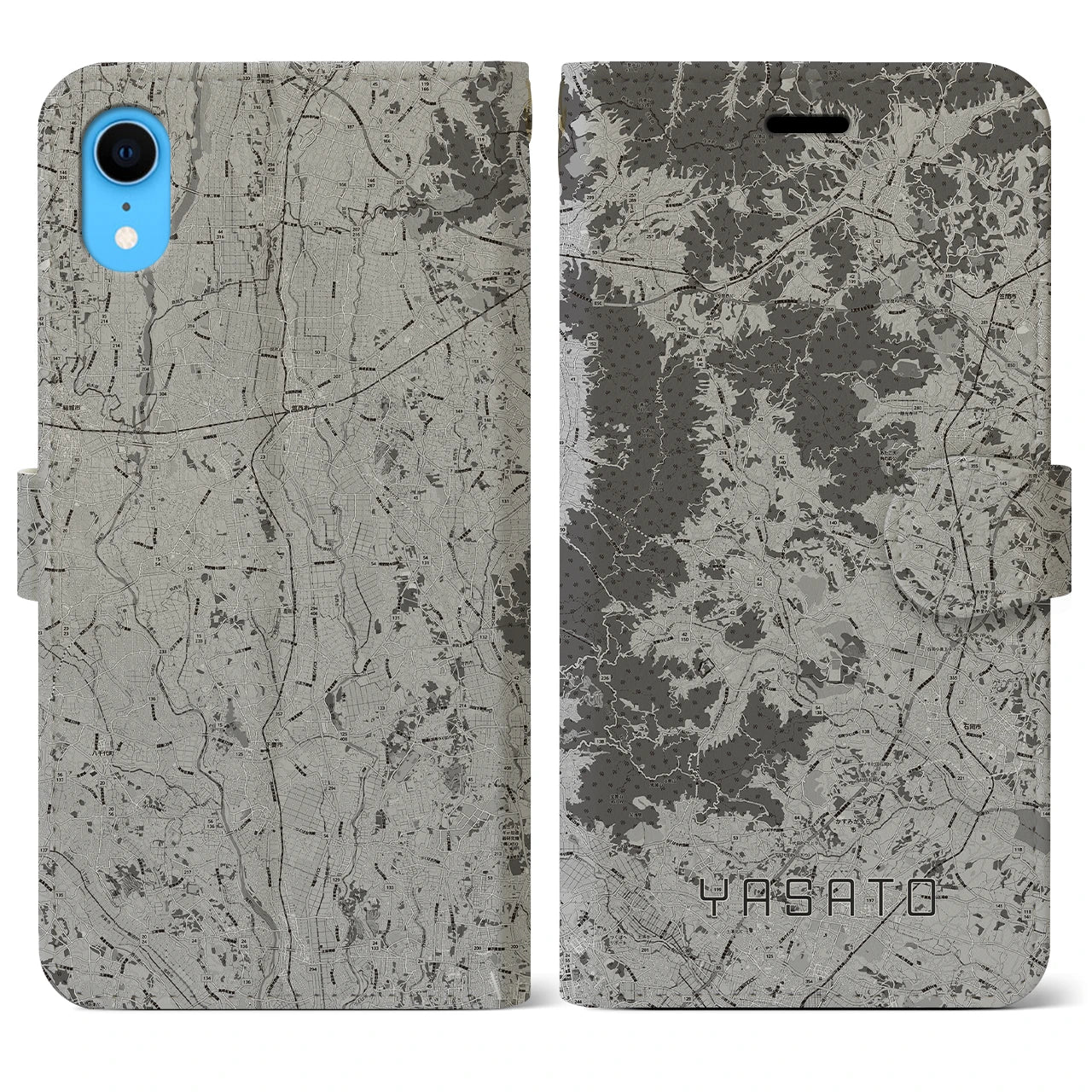 【八郷（茨城県）】地図柄iPhoneケース（手帳タイプ）モノトーン・iPhone XR 用