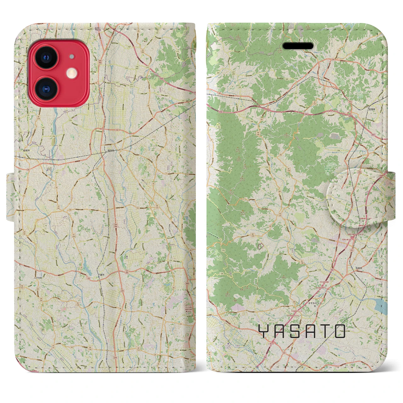 【八郷（茨城県）】地図柄iPhoneケース（手帳タイプ）ナチュラル・iPhone 11 用