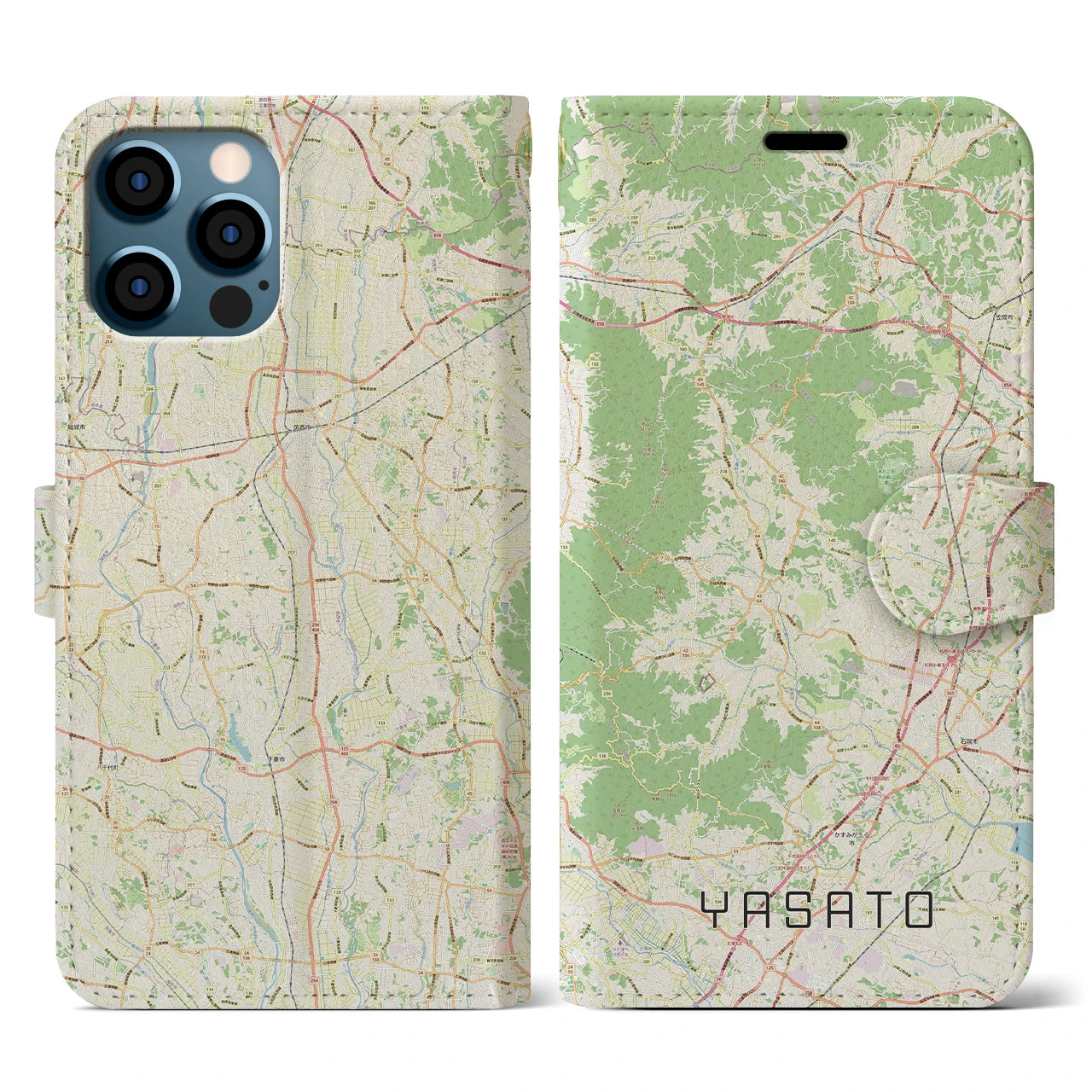 【八郷（茨城県）】地図柄iPhoneケース（手帳タイプ）ナチュラル・iPhone 12 / 12 Pro 用