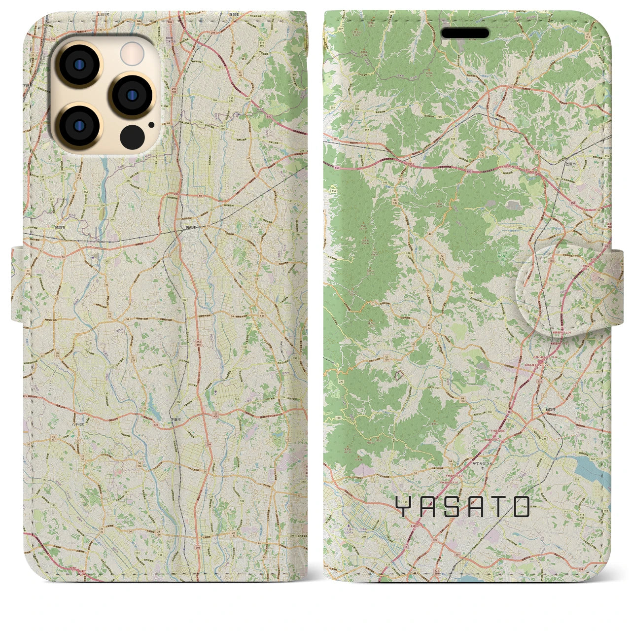 【八郷（茨城県）】地図柄iPhoneケース（手帳タイプ）ナチュラル・iPhone 12 Pro Max 用