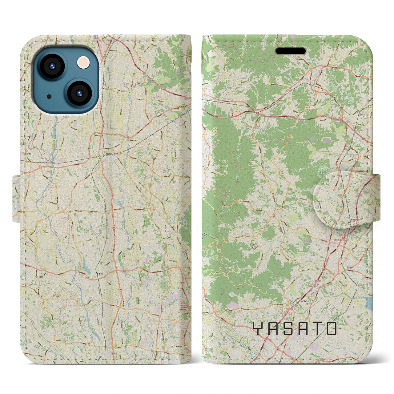 【八郷（茨城県）】地図柄iPhoneケース（手帳タイプ）ナチュラル・iPhone 13 用