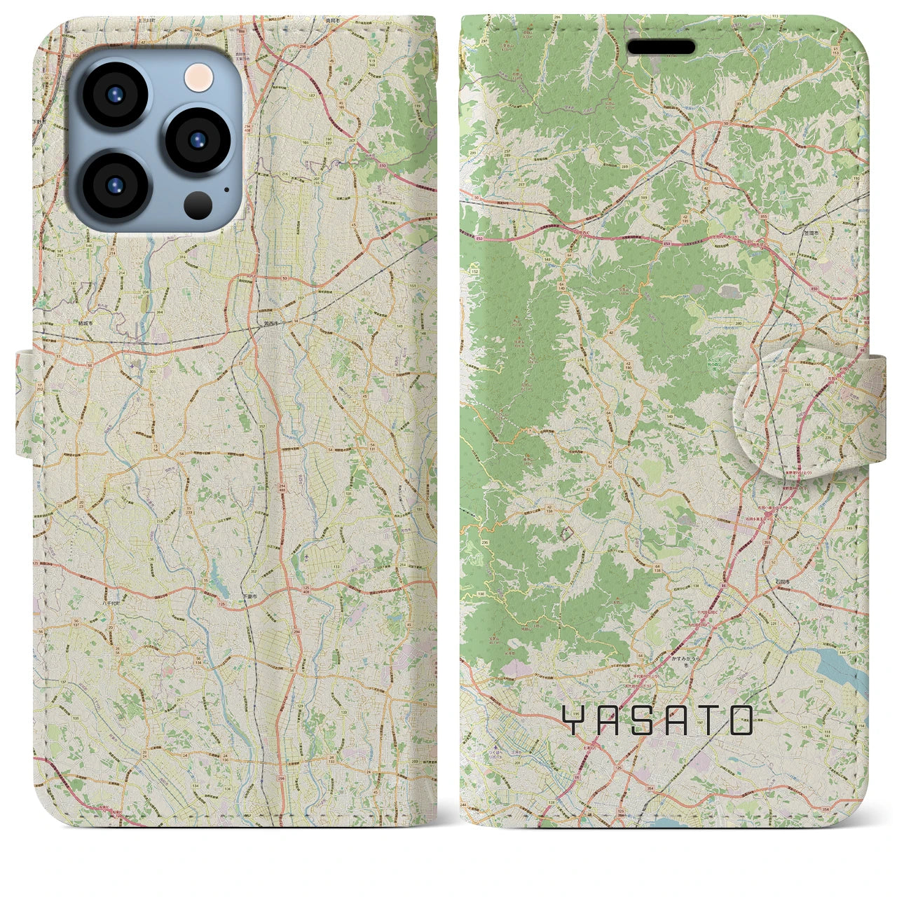 【八郷（茨城県）】地図柄iPhoneケース（手帳タイプ）ナチュラル・iPhone 13 Pro Max 用