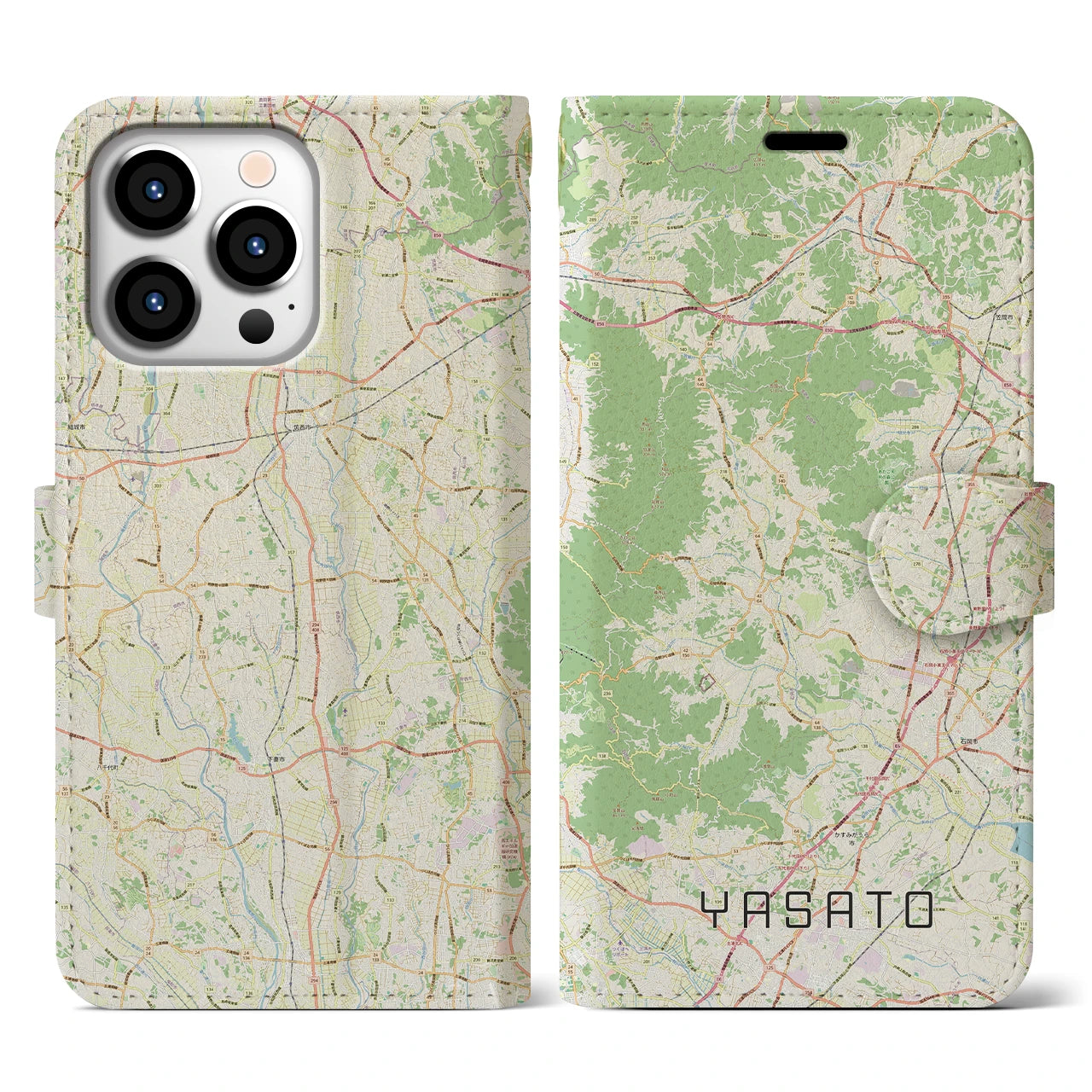 【八郷（茨城県）】地図柄iPhoneケース（手帳タイプ）ナチュラル・iPhone 13 Pro 用