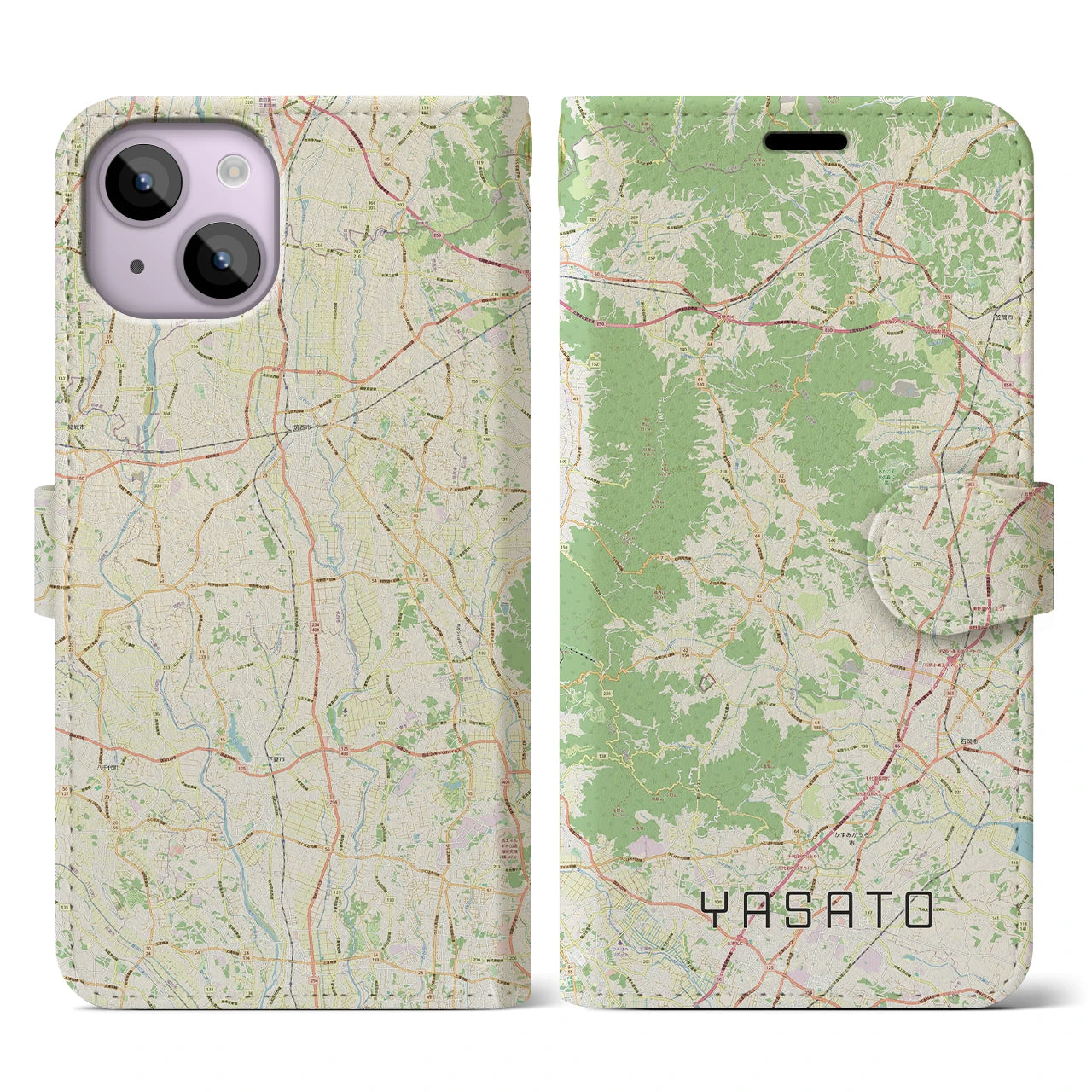 【八郷（茨城県）】地図柄iPhoneケース（手帳タイプ）ナチュラル・iPhone 14 用