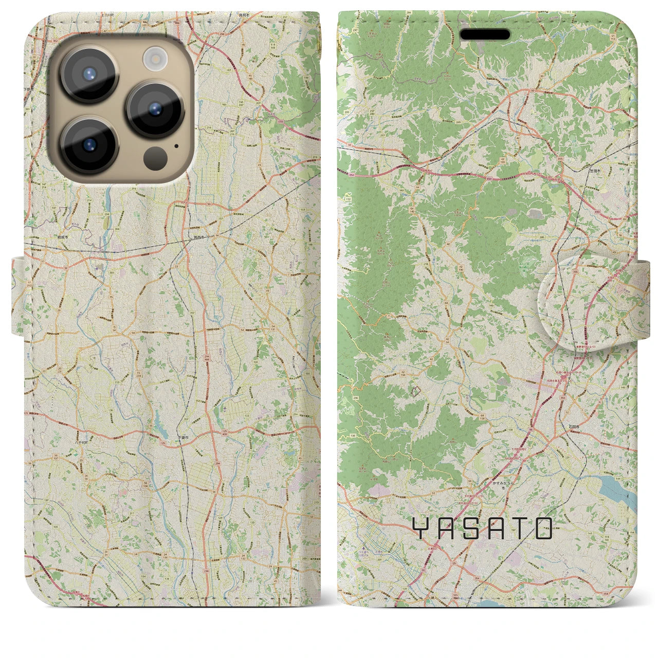 【八郷（茨城県）】地図柄iPhoneケース（手帳タイプ）ナチュラル・iPhone 14 Pro Max 用