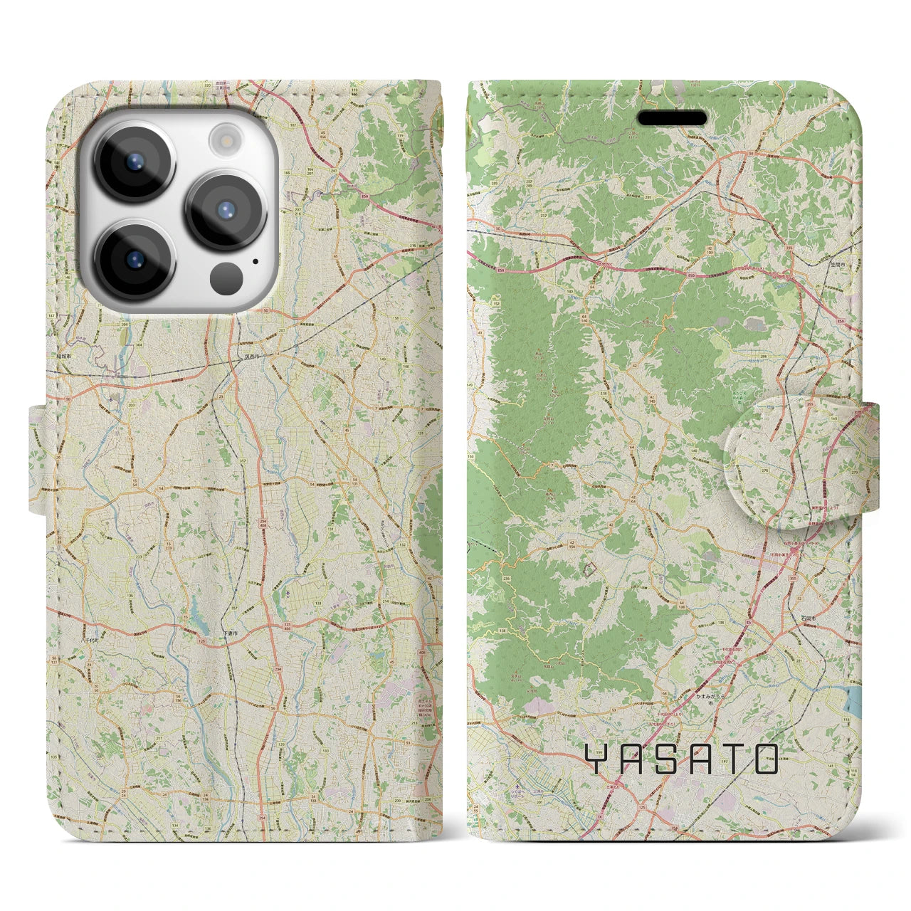 【八郷（茨城県）】地図柄iPhoneケース（手帳タイプ）ナチュラル・iPhone 14 Pro 用