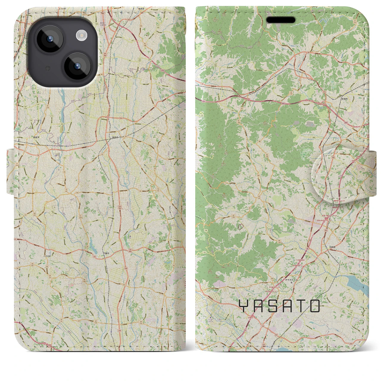 【八郷（茨城県）】地図柄iPhoneケース（手帳タイプ）ナチュラル・iPhone 14 Plus 用