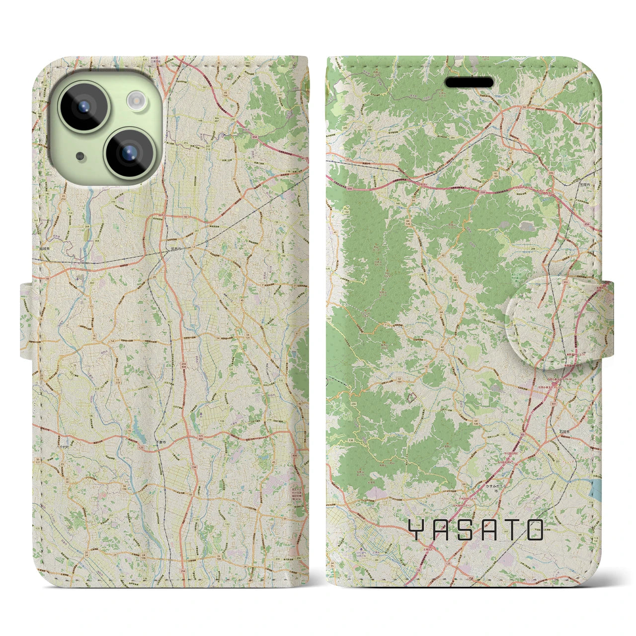 【八郷（茨城県）】地図柄iPhoneケース（手帳タイプ）ナチュラル・iPhone 15 用