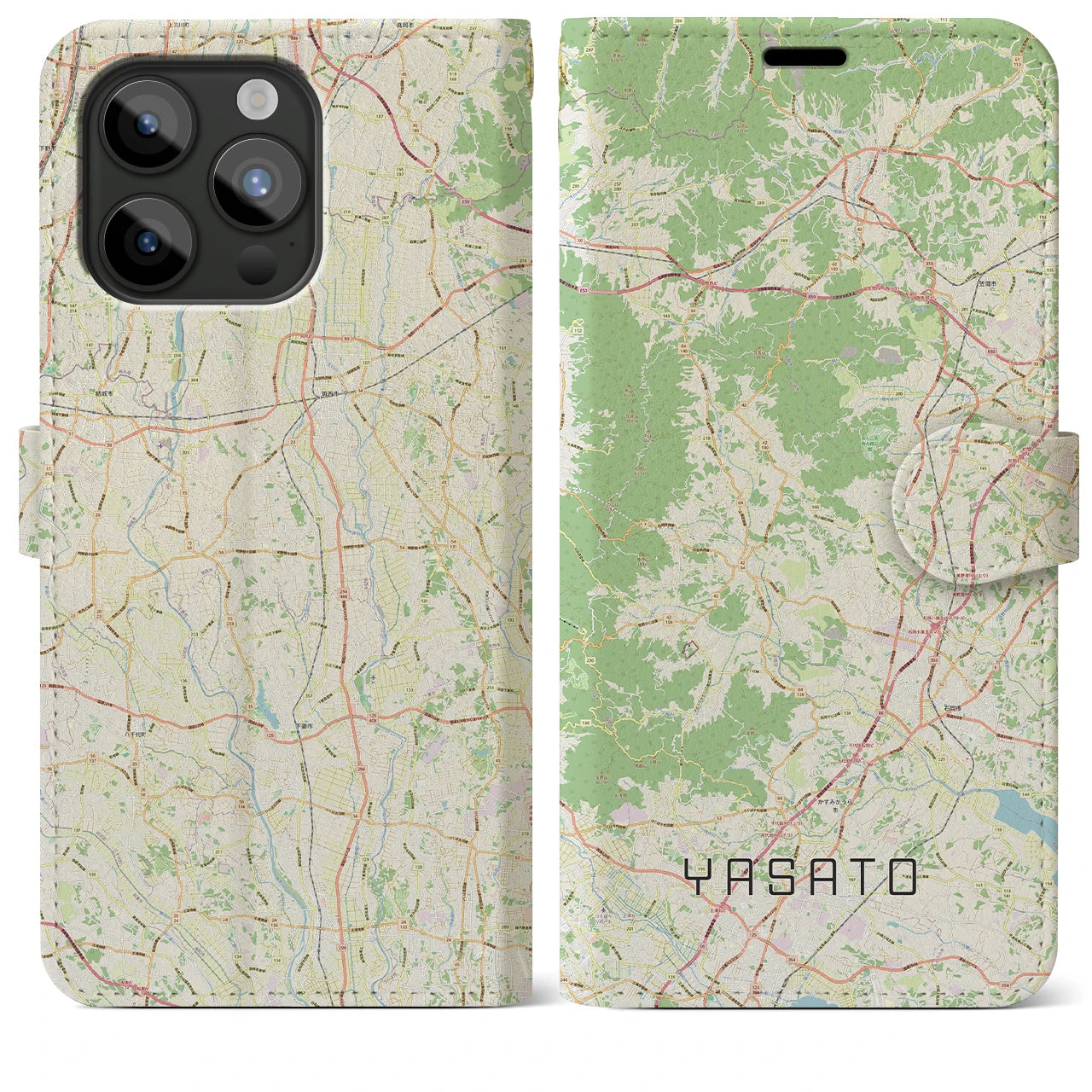 【八郷（茨城県）】地図柄iPhoneケース（手帳タイプ）ナチュラル・iPhone 15 Pro Max 用