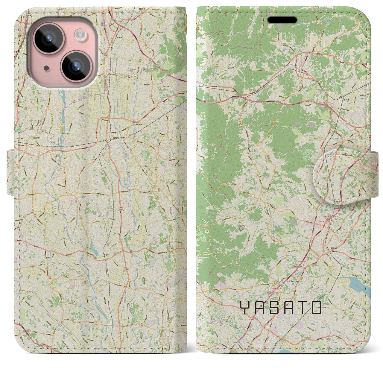 【八郷（茨城県）】地図柄iPhoneケース（手帳タイプ）ナチュラル・iPhone 15 Plus 用