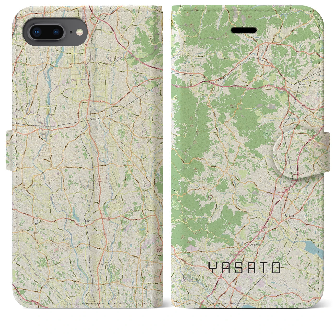 【八郷（茨城県）】地図柄iPhoneケース（手帳タイプ）ナチュラル・iPhone 8Plus /7Plus / 6sPlus / 6Plus 用