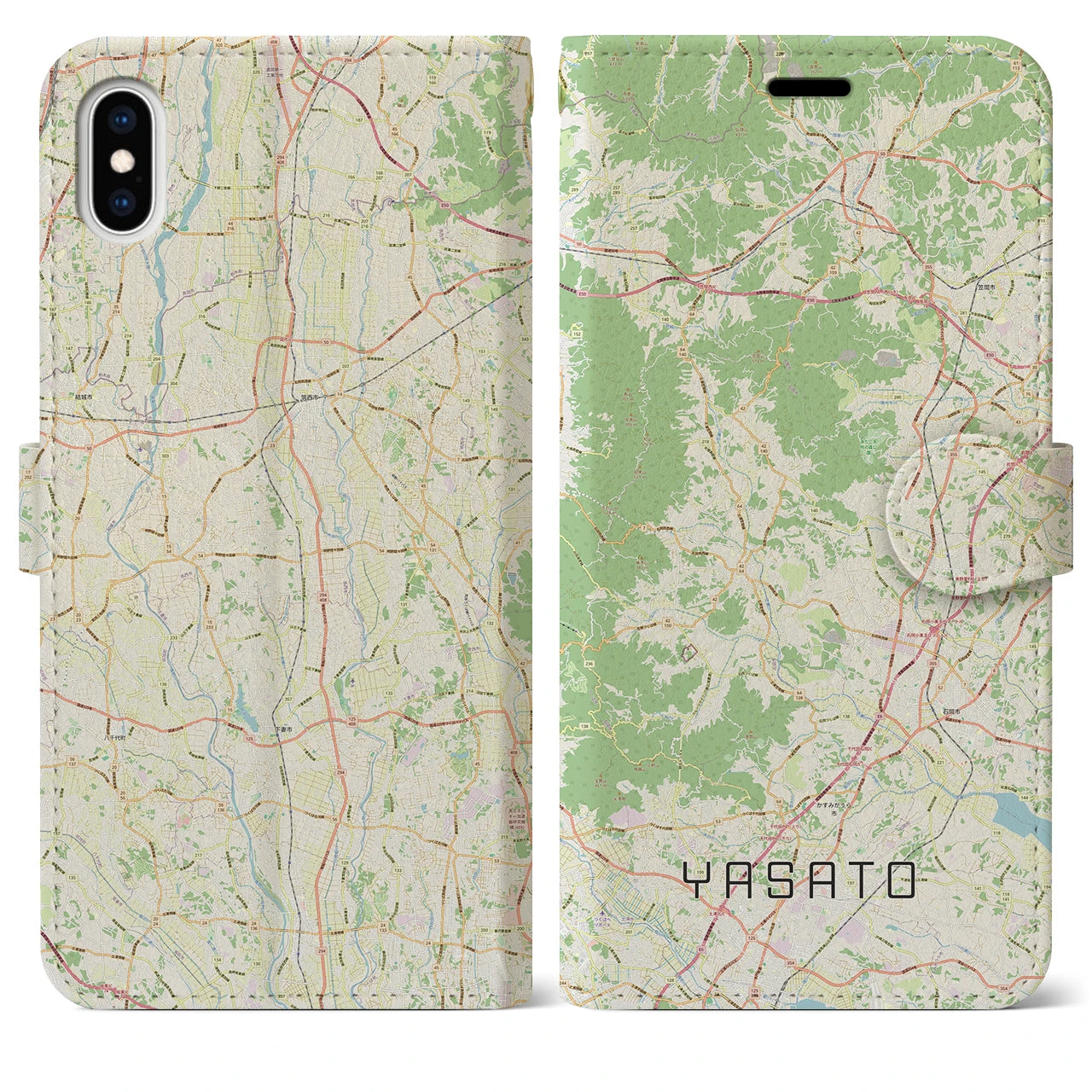 【八郷（茨城県）】地図柄iPhoneケース（手帳タイプ）ナチュラル・iPhone XS Max 用