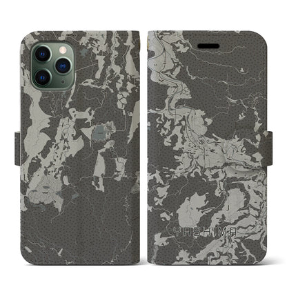 【矢島（秋田県）】地図柄iPhoneケース（手帳タイプ）モノトーン・iPhone 11 Pro 用