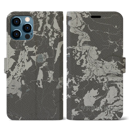 【矢島（秋田県）】地図柄iPhoneケース（手帳タイプ）モノトーン・iPhone 12 / 12 Pro 用
