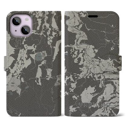 【矢島（秋田県）】地図柄iPhoneケース（手帳タイプ）モノトーン・iPhone 14 用