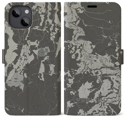 【矢島（秋田県）】地図柄iPhoneケース（手帳タイプ）モノトーン・iPhone 14 Plus 用