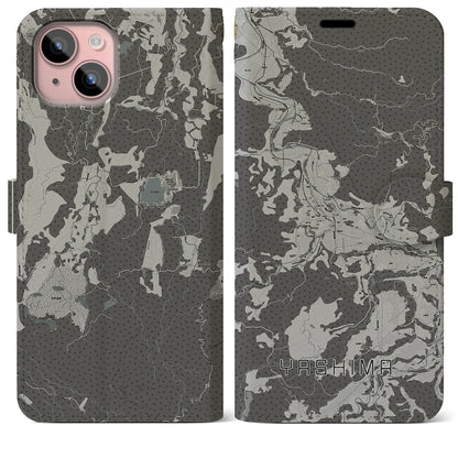 【矢島（秋田県）】地図柄iPhoneケース（手帳タイプ）モノトーン・iPhone 15 Plus 用