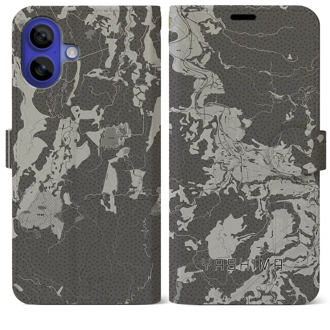 【矢島(秋田県)】地図柄iPhoneケース(手帳タイプ)モノトーン・iPhone 16 Pro Max 用