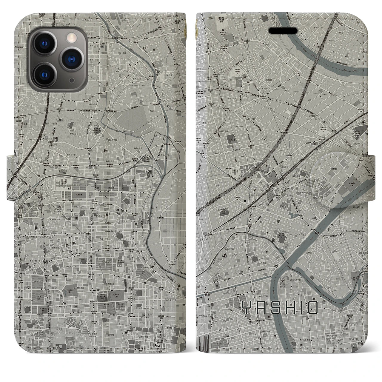 【八潮】地図柄iPhoneケース（手帳両面タイプ・モノトーン）iPhone 11 Pro Max 用